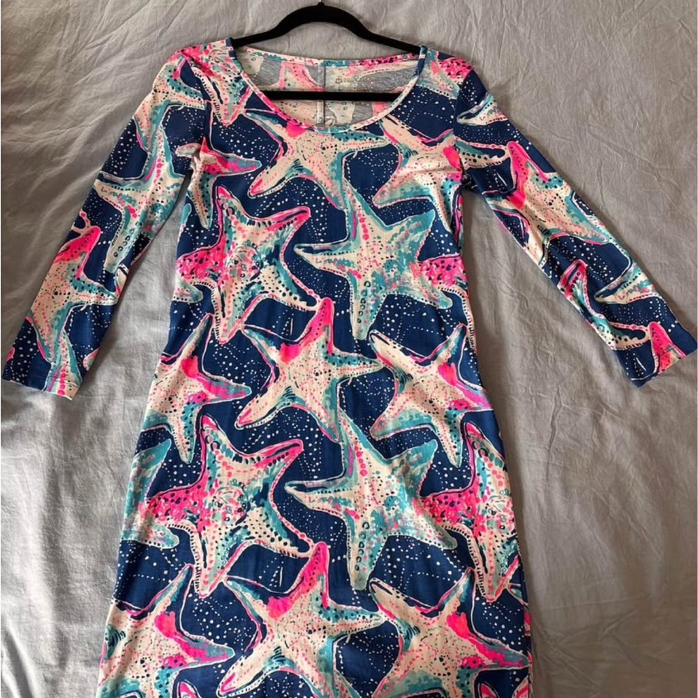 Lilly Pulitzer Blue and Pink Sheath Dress with 3/4 Sleeves